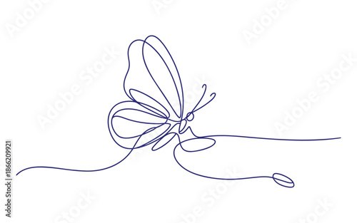 A single blue line of a butterfly with its wings spread and antennae extended line blue single line