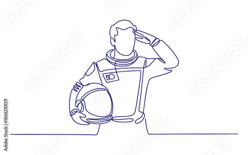 Astronaut in space suit saluting while holding a helmet in hand salute blue lines