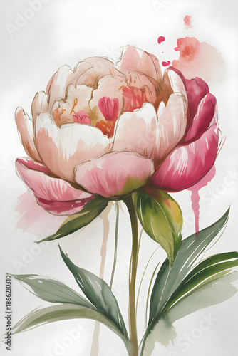 Pink peony flower watercolor painting with artistic splashes