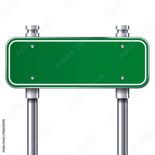 A vibrant green rectangular road sign with silver posts presenting a blank surface for wayfinding information