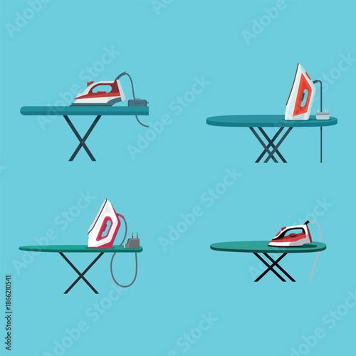 Household laundry ironing board with electric iron minimal vector design