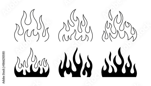 Six different flame patterns in black and white with varying thickness and shapes