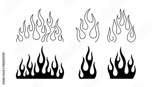 Collection of black and white flame patterns with varying styles and shapes flames