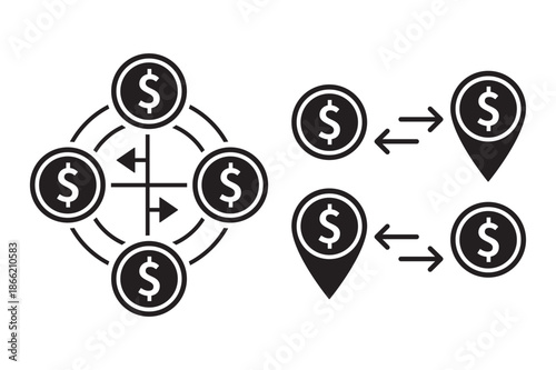 Money Location Tracking and Transfer Icons Vector Set 