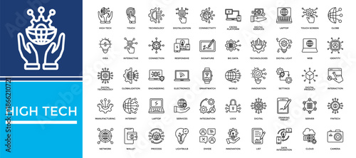 High tech icon set collection. Containing services, connectivity, interaction, server, signature, touch, globe .Line vector icons collection