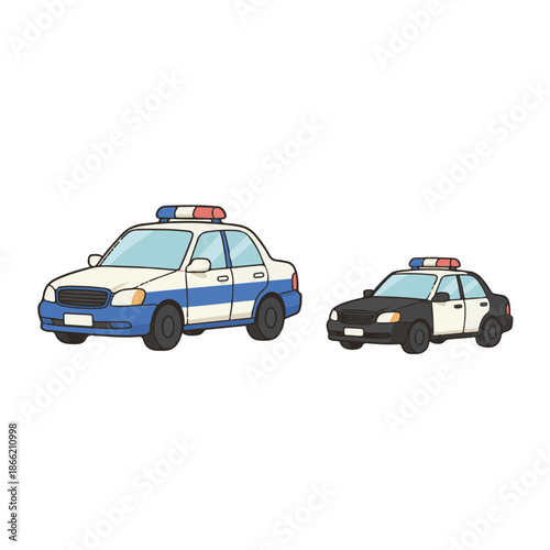 Vibrant vector illustration of two police patrol cars, a large and small sedan, equipped with emergency lights and law enforcement graphics, in a clean cartoon style