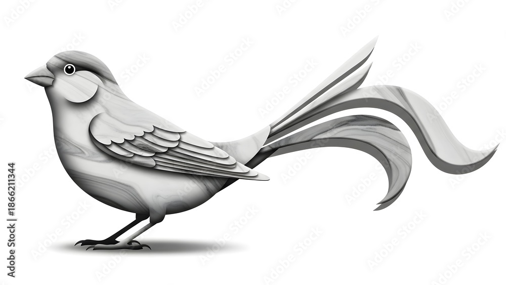Obraz premium A detailed grayscale illustration of a stylized bird with a long, flowing tail, perched on a thin leg against a white background