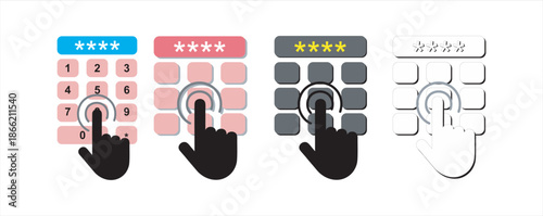 Print, set of Hand pointer with buttons line icon, hacker attacks concept. Vector graphics. Pin code button push and hand finger sign on white background, outline style icon for mobile or web design, 