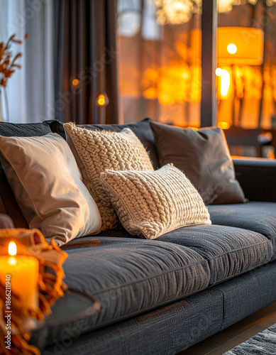 Cozy living room sofa with warm sunset light and decorative pillows