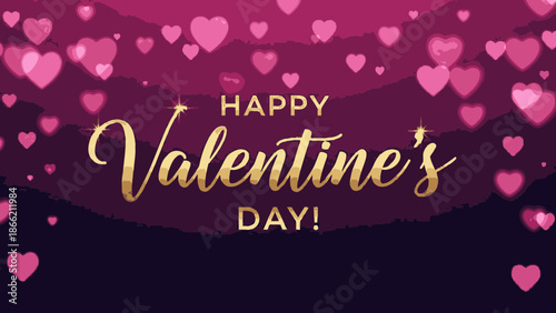 Happy Valentine's Day with gold text and pink hearts background