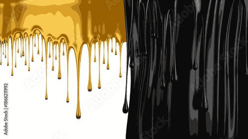 Golden and black liquid drips on white background