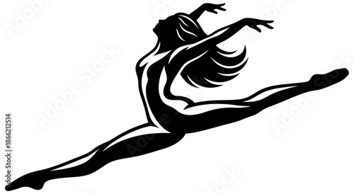 Dance illustration. Representing a female dancer performing a dynamic leap with extended body and flowing movement.