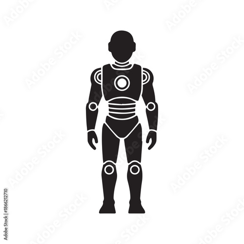 Futuristic humanoid robot silhouette vector illustration, full body standing black android character isolated on white background for technology, science fiction, and artificial intelligence design
