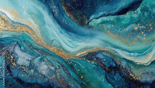 Swirling abstract art with ocean-inspired hues, layered with golden accents, evoking fluidity