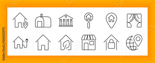 Home location and type set icon. Houses, pins, stores, eco symbols, plugs, curtains, and globe map drawn in outline style representing housing, place, and global residence.