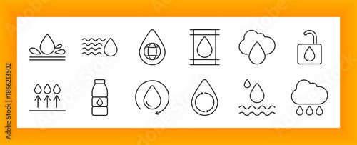 Water resources set icon. Droplets, clouds, bottles, and flow symbols arranged with thin outlines to depict hydration, access, storage, filtration, and global water availability.