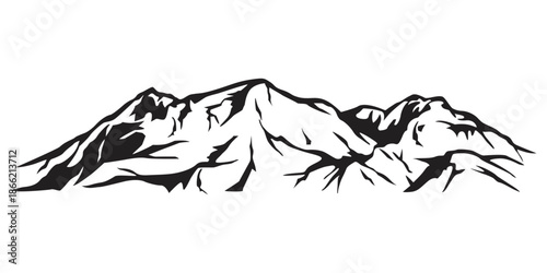 Black and White Mountain Range Silhouette. The mountains are jagged and imposing, with sharp peaks and deep valleys.