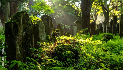 Ancient Moss-Covered Gravestones in a Sun-Dappled Forest.