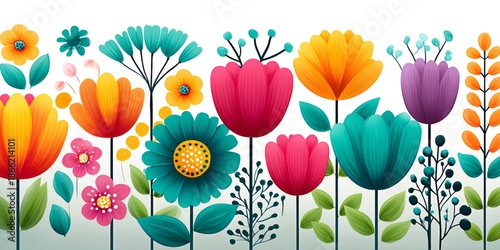 Colorful blooming flowers spring garden illustration background
