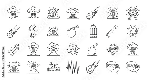 Explosion doodle set isolated on with bomb, blast, fire, mushroom cloud, meteor, comet, dynamite and other destructive elements