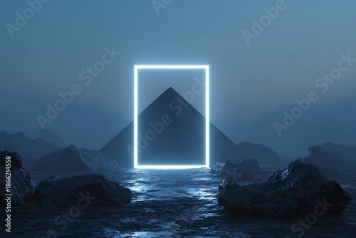 A glowing rectangular frame illuminates a dark pyramid in a misty landscape