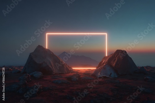 Illuminated rectangular frame amidst rocky terrain and a dramatic sunset landscape
