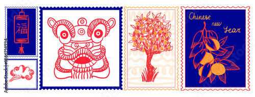 Collection of vintage Chinese New Year postage stamps. Hand-Drawn traditional symbols, lion dance mask and red lanterns, kumquat tree  and tangerines. Decorative Lunar New Year philatelic set