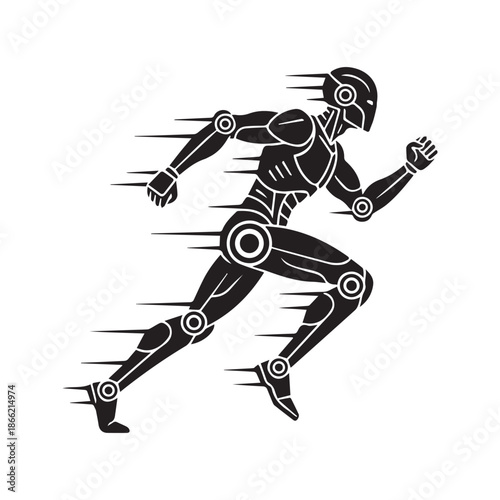 Fast running robot silhouette vector illustration, futuristic sprinting android character with speed motion lines isolated on white background for technology, sport, and artificial intelligence design