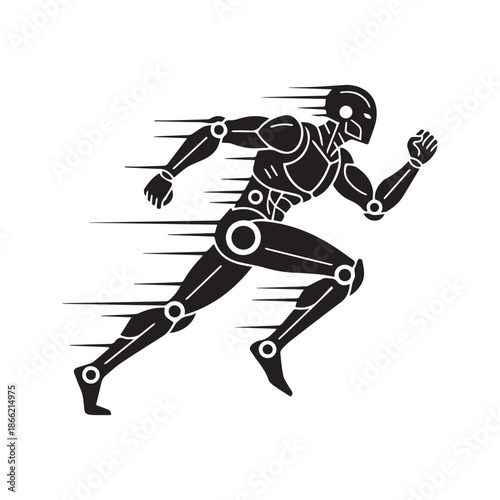 Fast running robot silhouette vector illustration, futuristic sprinting android character with speed motion lines isolated on white background for technology, sport, and artificial intelligence design
