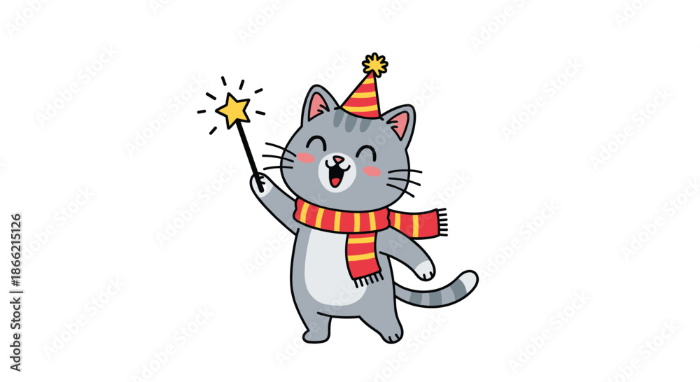 Obraz premium Cute gray tabby cat wearing a party hat and a scarf, smiling and waving a magic wand with a star, celebrating a birthday or holiday.