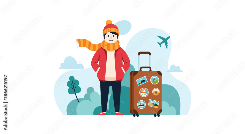 Fototapeta premium Young man dressed in warm winter clothes standing next to his suitcase with travel stickers, ready for a winter vacation or trip by plane.