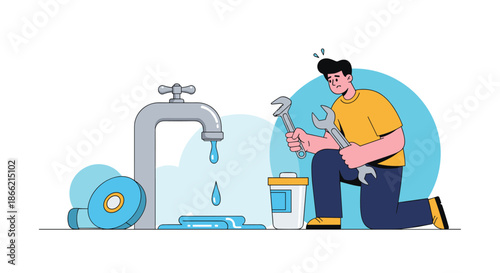 Confused and stressed man trying to fix a leaky faucet with two wrenches, illustrating a common household plumbing problem and DIY frustration.