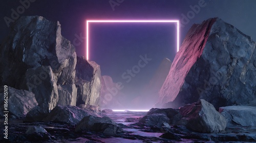 Glowing neon rectangle portal framed by rocky mountains a surreal landscape