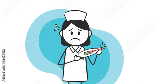 Worried stick figure nurse looking at a thermometer with a high temperature reading, showing concern over a patient's fever or illness.