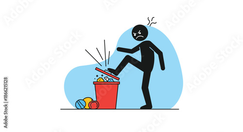Angry stick figure character aggressively stomping on an overflowing trash can, illustrating frustration, anger, or rejection of waste.
