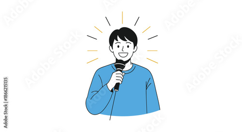 Happy and confident young man smiling while speaking into a microphone, illustrating public speaking, presenting, or being an announcer.