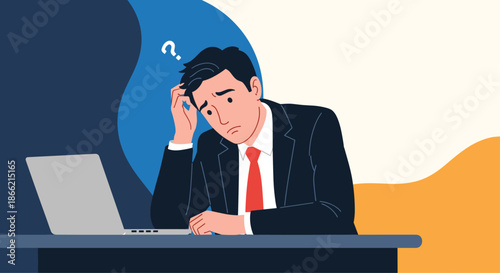 Confused and worried businessman sitting at his desk with a laptop, scratching his head with a question mark, facing a work-related problem.