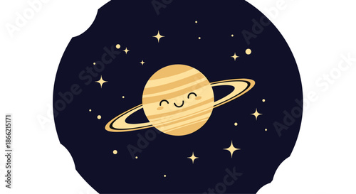 Cute and happy cartoon planet Saturn with a smiling face, surrounded by stars in the dark expanse of space, a charming celestial illustration.