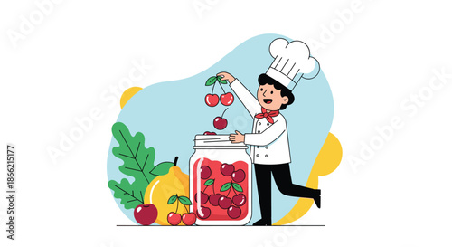 Cheerful young chef in a uniform adding fresh cherries to a large glass jar, making jam or preserves in a colorful, whimsical illustration.