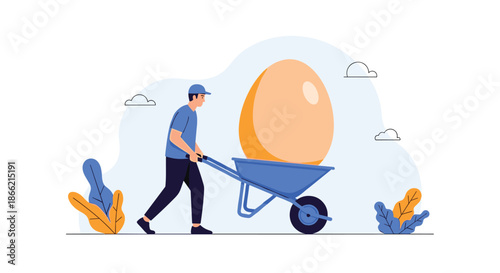 Man pushing a wheelbarrow containing a giant egg, a surreal and conceptual illustration about investment, potential, or carrying a fragile idea.
