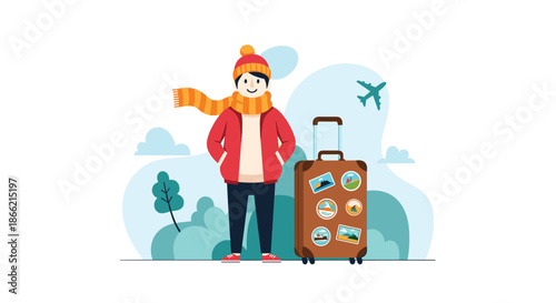 Young man dressed in warm winter clothes standing next to his suitcase with travel stickers, ready for a winter vacation or trip by plane.