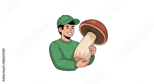 Smiling man wearing a green sweater and cap proudly displays a giant edible mushroom he has found, isolated on a white background.