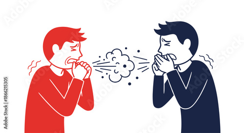 Illustration of two men coughing and sneezing, showing the transmission of germs, viruses, and bacteria through airborne droplets.