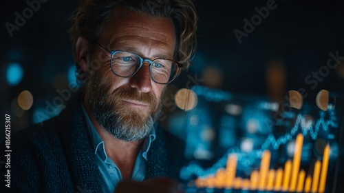 Man Analyzing Financial Data on a Futuristic Digital Display at Night.