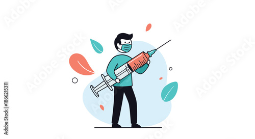 Man wearing a protective face mask and holding a very large syringe, representing vaccination, immunization, and medical treatment.