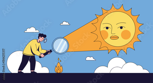 Conceptual illustration of a man in a yellow sweater using a magnifying glass to start a fire with focused sunlight from a serene sun.