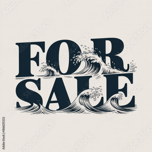 For sale vintage serif typography with ocean wave illustration on light background real estate sign design for property listing home staging advertisement coastal house marketing and realtor branding 