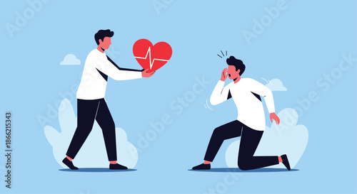 Man offering a heart with a heartbeat symbol to another man in distress, illustrating concepts of charity, organ donation, or saving a life.