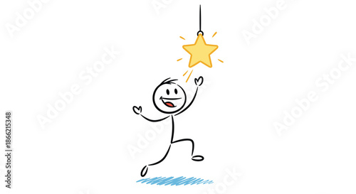 Optimistic stick figure character happily reaching up to catch a shining gold star, symbolizing goals, ambition, and achieving dreams.