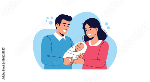Smiling young couple tenderly holds their newborn baby wrapped in a blanket, illustrating a happy family and the love of new parents.
